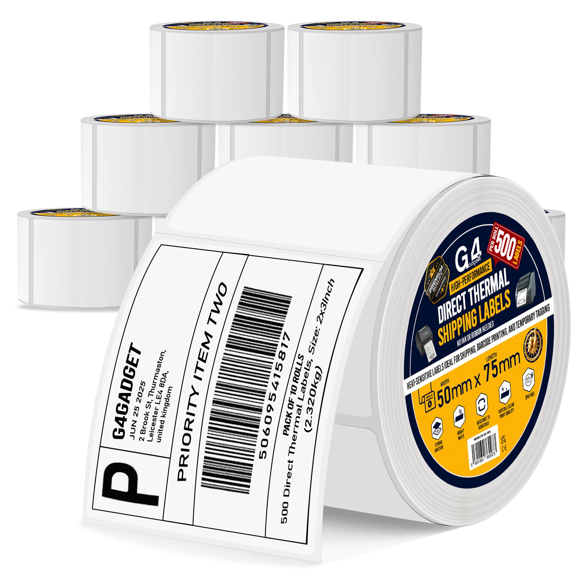 G4GADGET 10 Rolls Blank White Labels – 500 Labels Per Roll – 5000 Total Stickers – Writable 50x75mm Adhesive for Bulk Organization, Storage & Warehousing