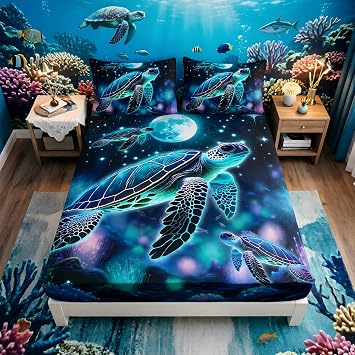Sea Turtle Fitted Sheet Kids Bedding Full Size,Glowing Waterweed Moon Flash Fitted Sheet for Kids Boys Girls Room Decor,Coastal Reptile Animal Bedding Set,1 Fitted Sheet+2 Pillowcases.