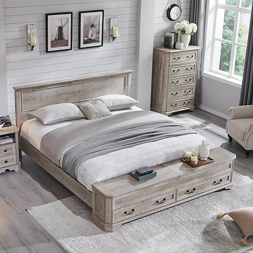 Miniatura 10 de T4TREAM Cama Queen de granja con cabecera y banco de almacenamiento, cama de plataforma de madera rústica con baúl de almacenamiento de 64 pulgadas