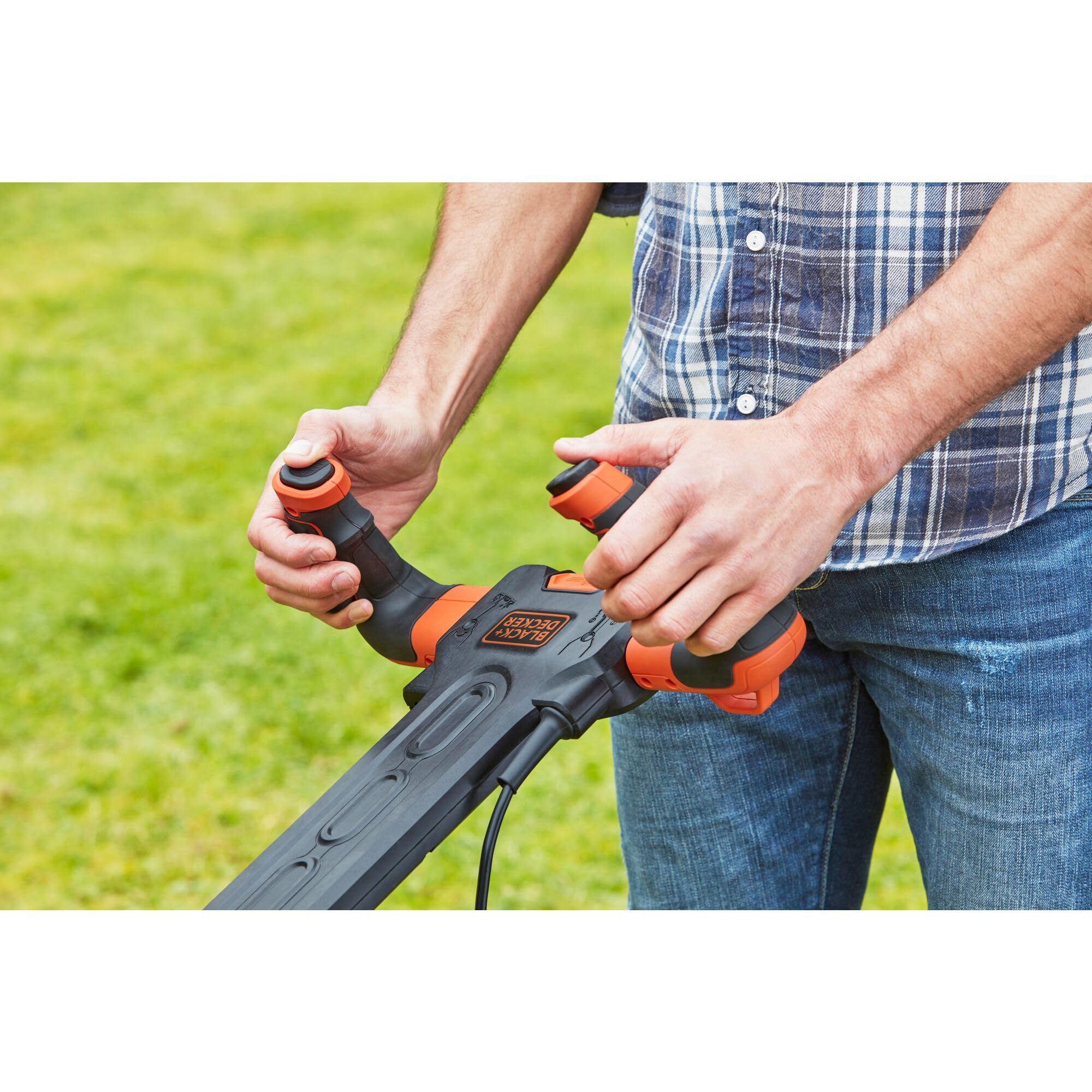 BLACK+DECKER BEMW471ES, Cortacésped eléctrico 1.600W 38 cm, Anchura de Corte de 38 cm, 6 Alturas Ajustables de Corte de 20, 30, 40, 50, 60 y 70 mm, Mango EASYSTEER de 3 Posiciones
