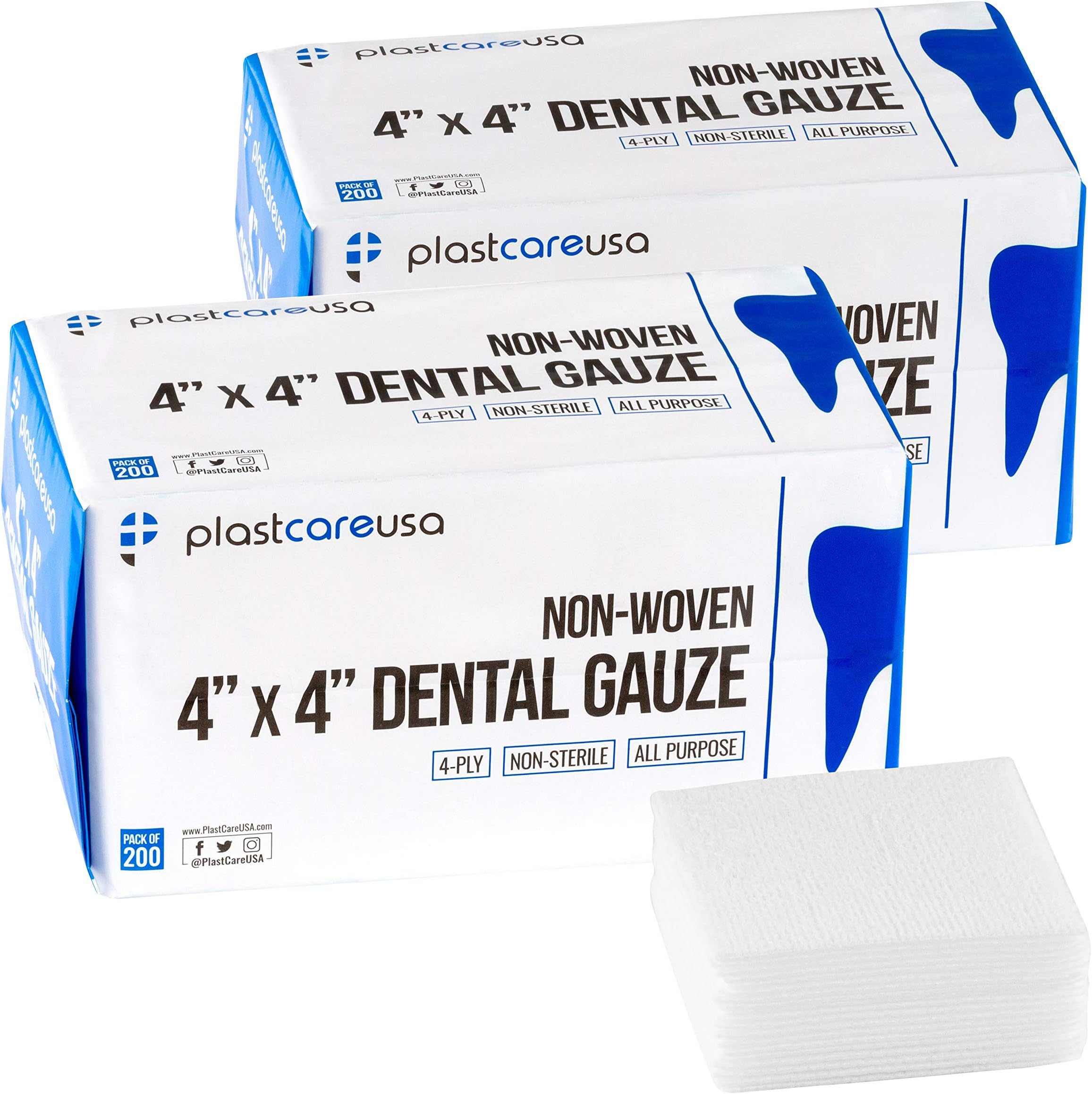 PlastCare USA 400 4x4 Non Woven Sponges 4-Ply, Non-Sterile Cotton Dental Gauze (2 Packs of 200)