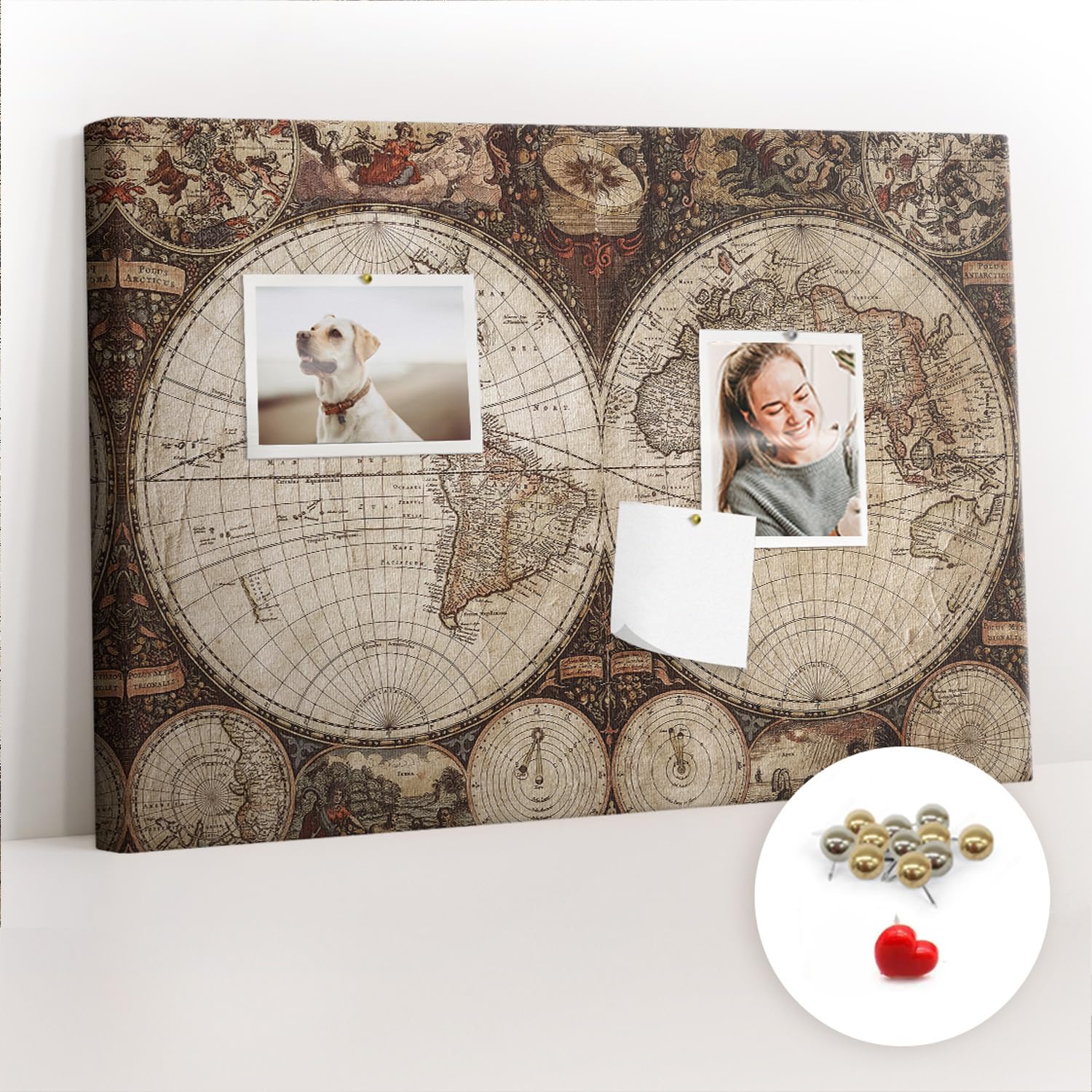 Kork Wandtafel Memoboard inkl. Reißnadeln | Übersichtliches Organisationssystem für Büro, Schule, Haushalt | Planung von Notizen, Fotos, Terminen, Aufgaben 60x40 - metallisch - Vintage-Weltkarte