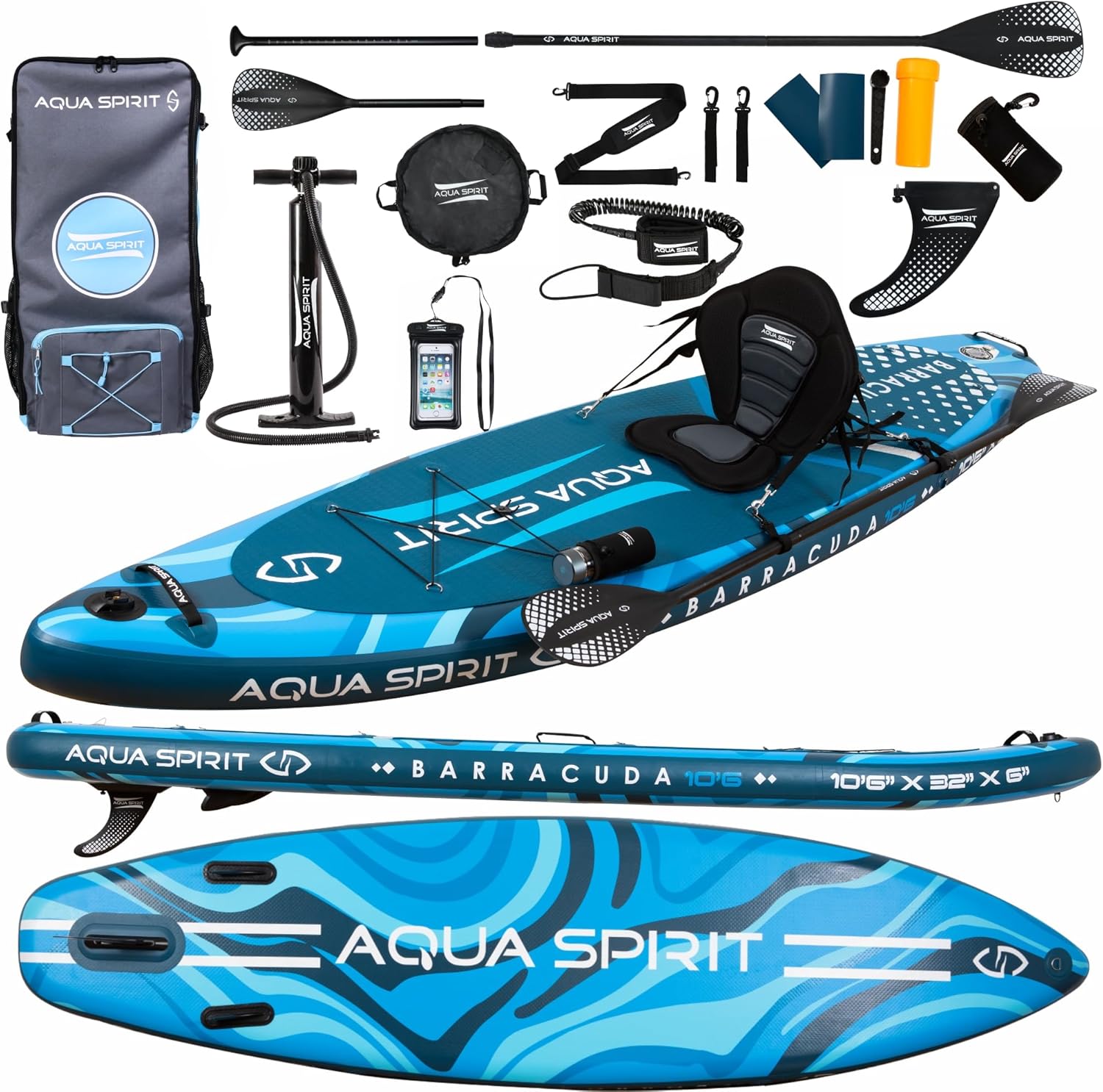 Aqua Spirit Barracuda SUP Inflatable Stand Up Paddle Board 2023 10'6x32”x6” Complete Kayak