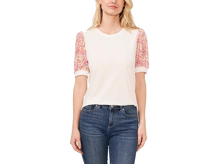 Puff Sleeve Printed Mixed Media Knit Blouse - Image 1