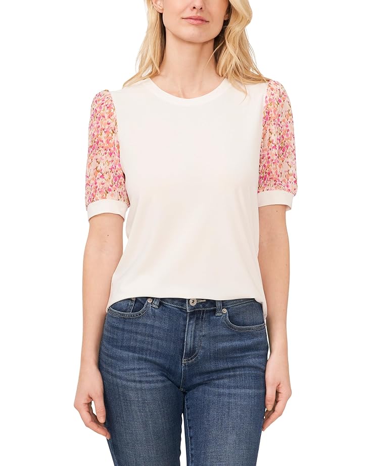 CeCe Puff Sleeve Printed Mixed Media Knit Blouse - Main View