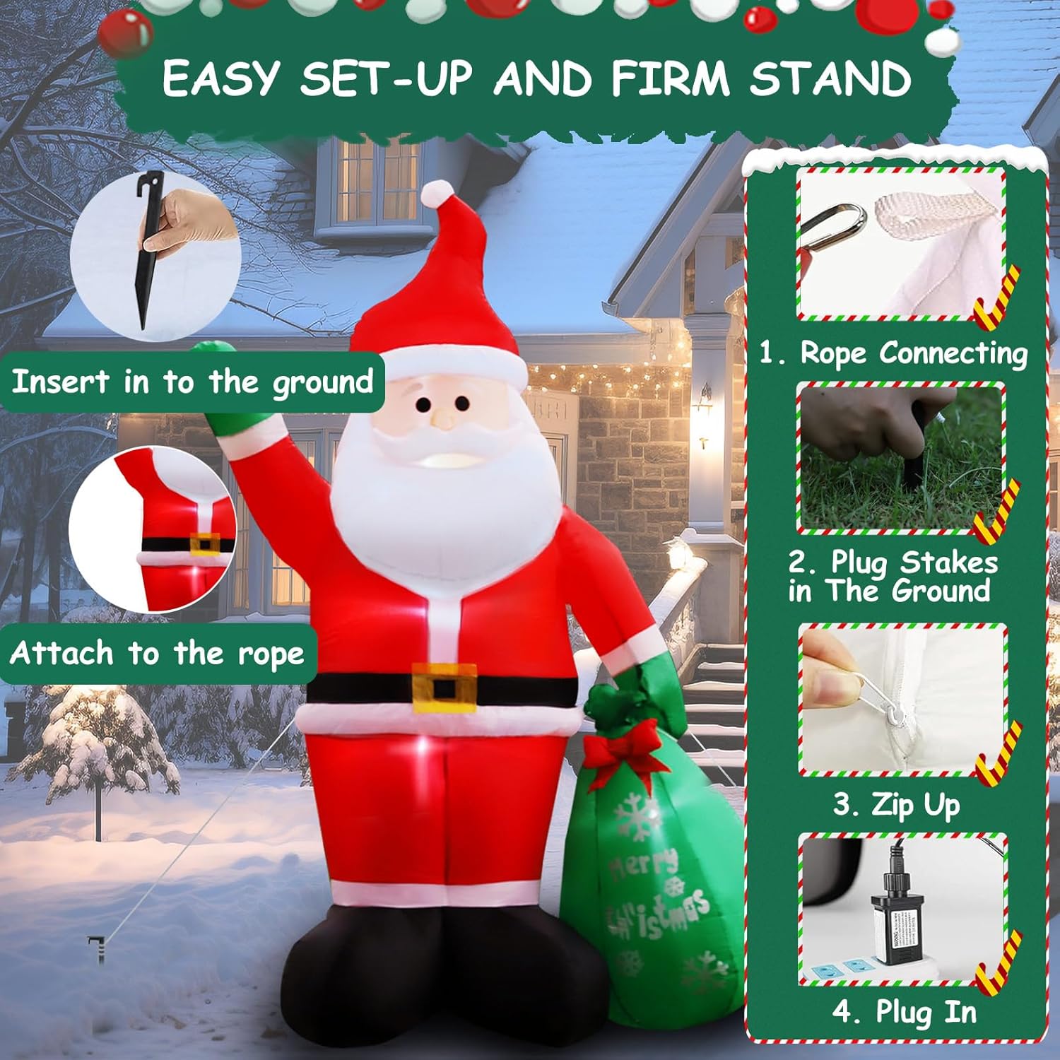 8FT Christmas Inflatables Santa Claus with Gifts Bag Inflatable Christmas Outdoor Decoration IP44 Xmas Blow up Santa Claus with Built-in 4 LED Lights Large Blow up Santa for Outdoor、Indoor、Yard Party - Image 6