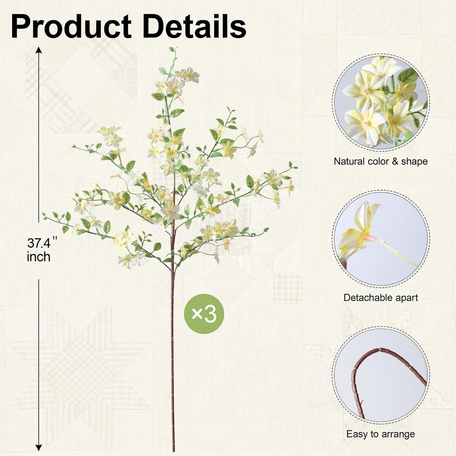 Fake Flowers, 3 Pcs Cherry Blossom Branches Artificial Flowers with Long Stems Faux Flowers for Vase Spring Realistic Artificial Flowers for Decoration Home Living Room Entry Way Table Modern Summer