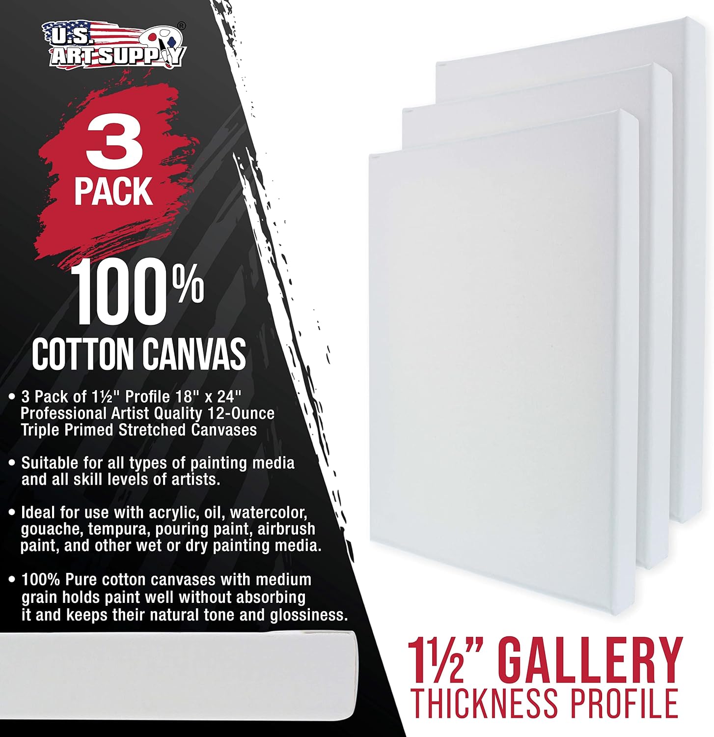 U.S. Art Supply Large Stretched Canvas for Painting 18x24 inch Gallery Depth 1-1/2" Thick, 3-Pack - 12oz Acrylic Gesso Triple Primed, Professional Artist Quality, 100% Cotton - Oil, Pouring Paint
