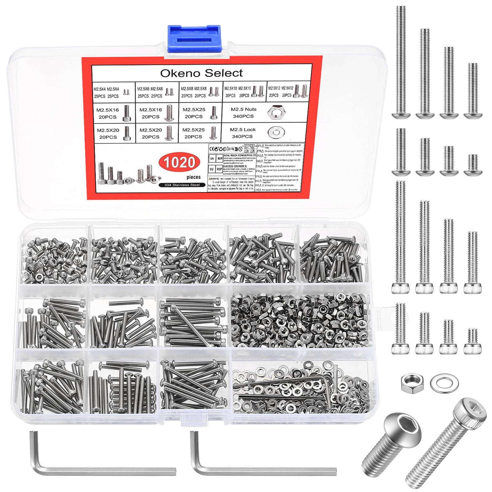1020StkM2.5 Schrauben Set, Sechskantschrauben mit Muttern Set,Zylinderschrauben mit Innensechskant Schrauben Muttern Sets & Edelstahl Linsenkopfschrauben Gewindeschrauben Maschinenschrauben Sortiment