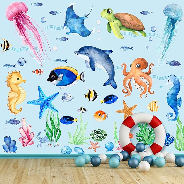 7 Sheets Ocean Fish Wall Stickers, Under The Sea Wall Sticker Removable Sea Life Marine Animal Stickers Watercolor Ocean Creatures Wall Decals for Kids Boys Nursery Bedroom Bathroom Decor