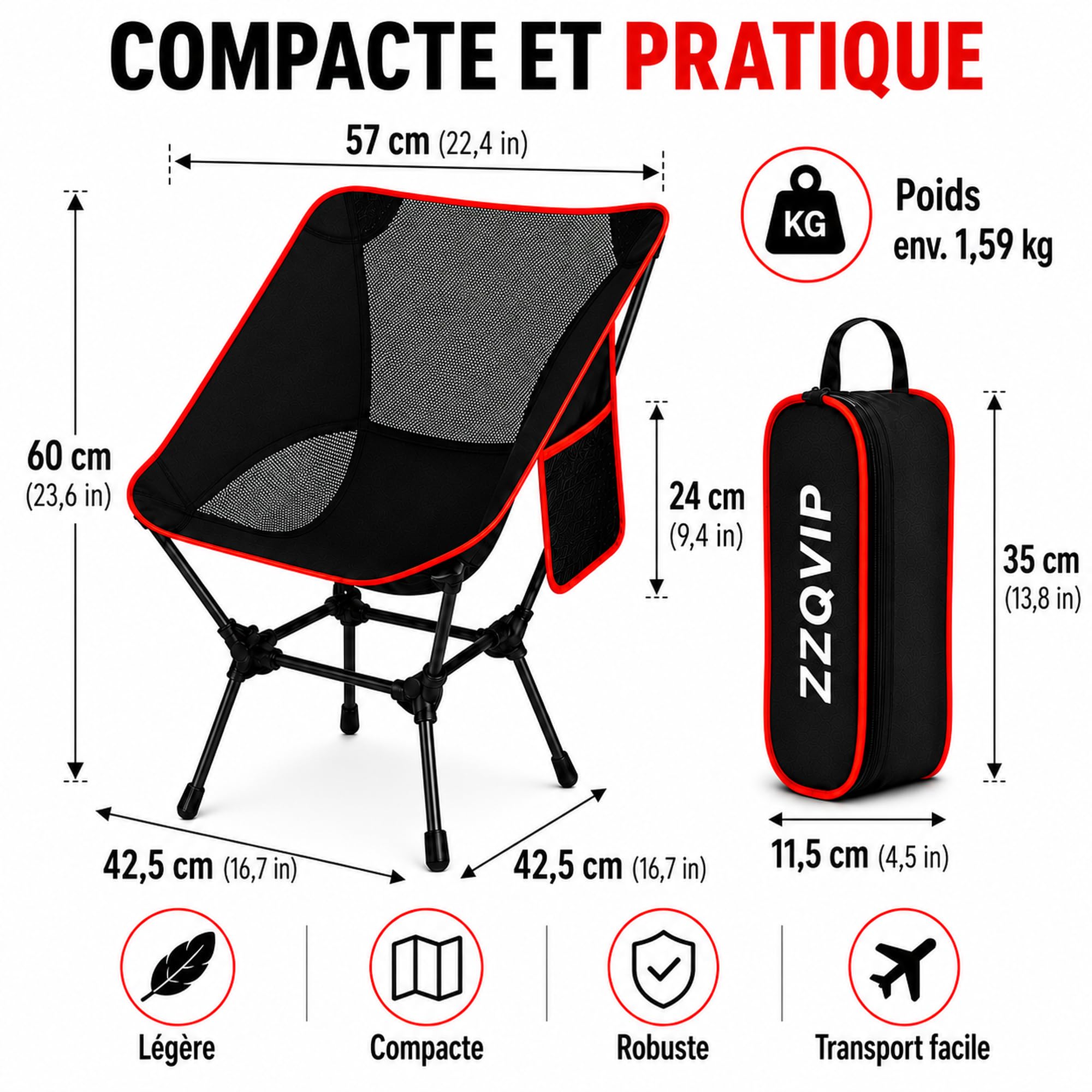 Fauteuil de Camping Léger et Pliable avec Poche Latérale et Sac de Transport – Chaise Pliante Extérieure Confortable en Tissu Oxford, Jusqu’à 120 kg, pour Randonnée, Pêche, Plage, Festival