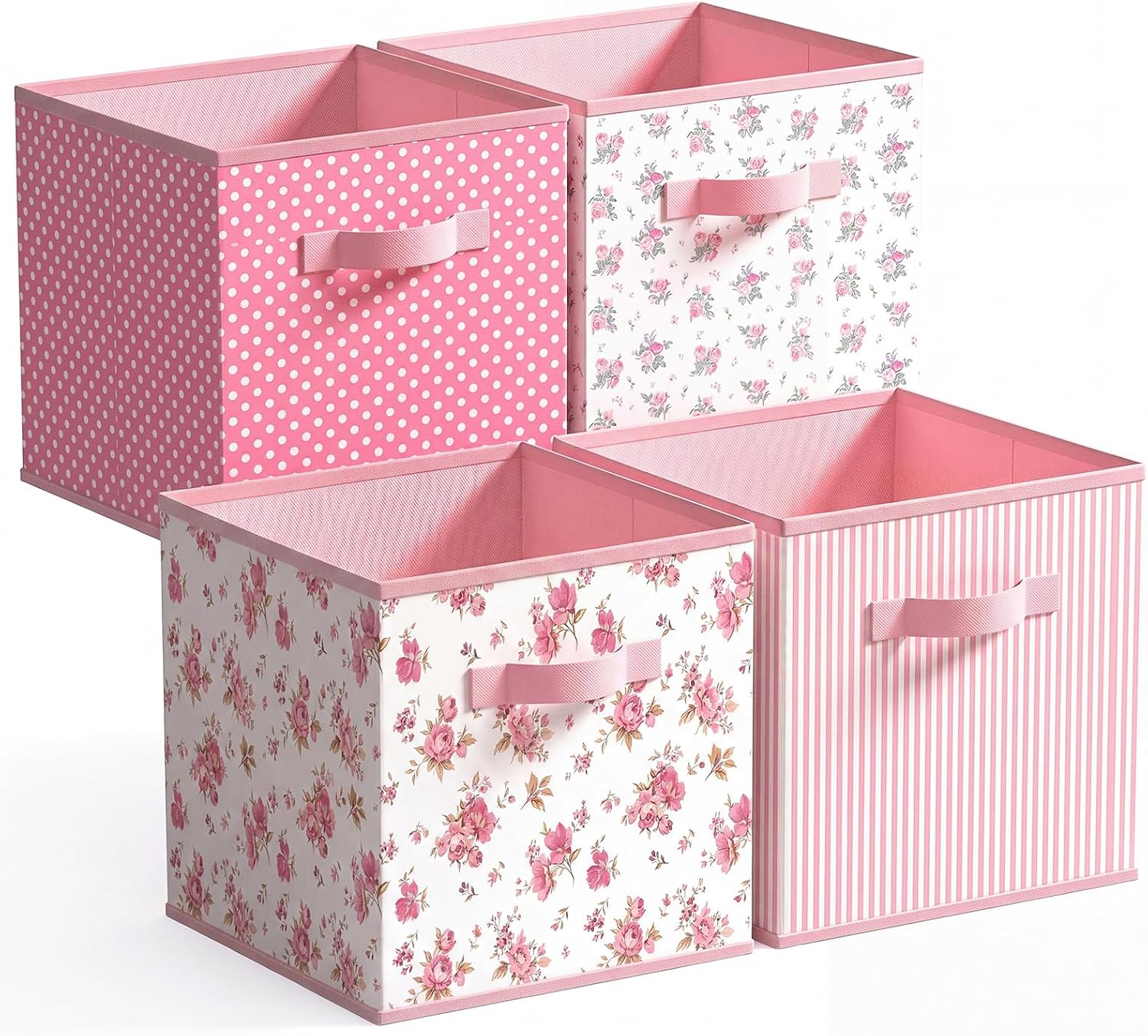 Marsui 4 Pcs Pink Floral Cube Storage Bins 11 Inch Pink Flower Storage Basket with Handle, Preppy Organizer Basket, Collapsible Fabric Box for Classroom Bedrooms Office Home Decoration Gift