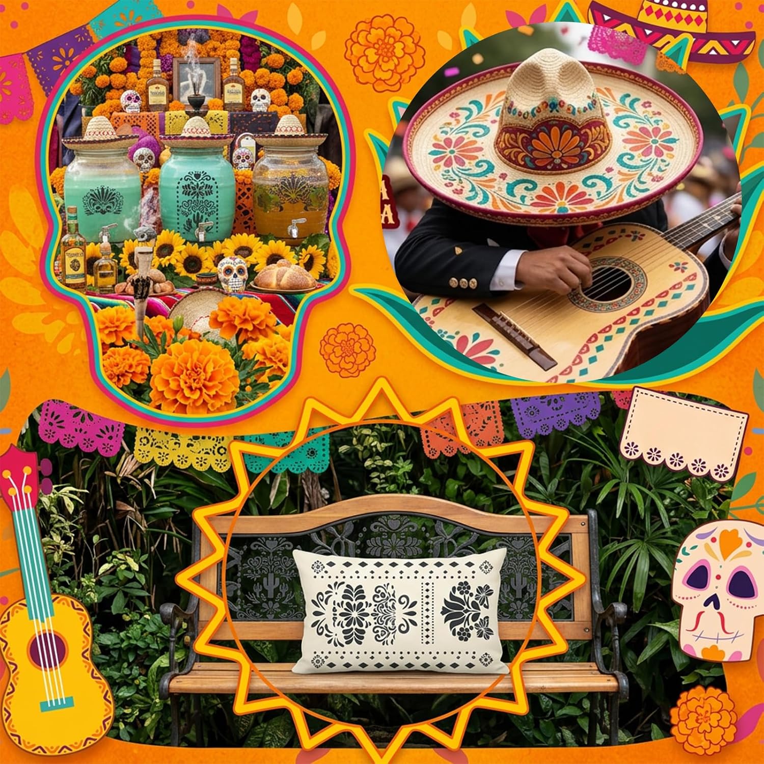 15Pcs Cielito Lindo Mexican Stencil for Painting, Reusable Talavera Stencils Drawing Tool for DIY Vase Crafts Mexican Floral Lace Furniture Wood Wall Canvas Floor Gifts