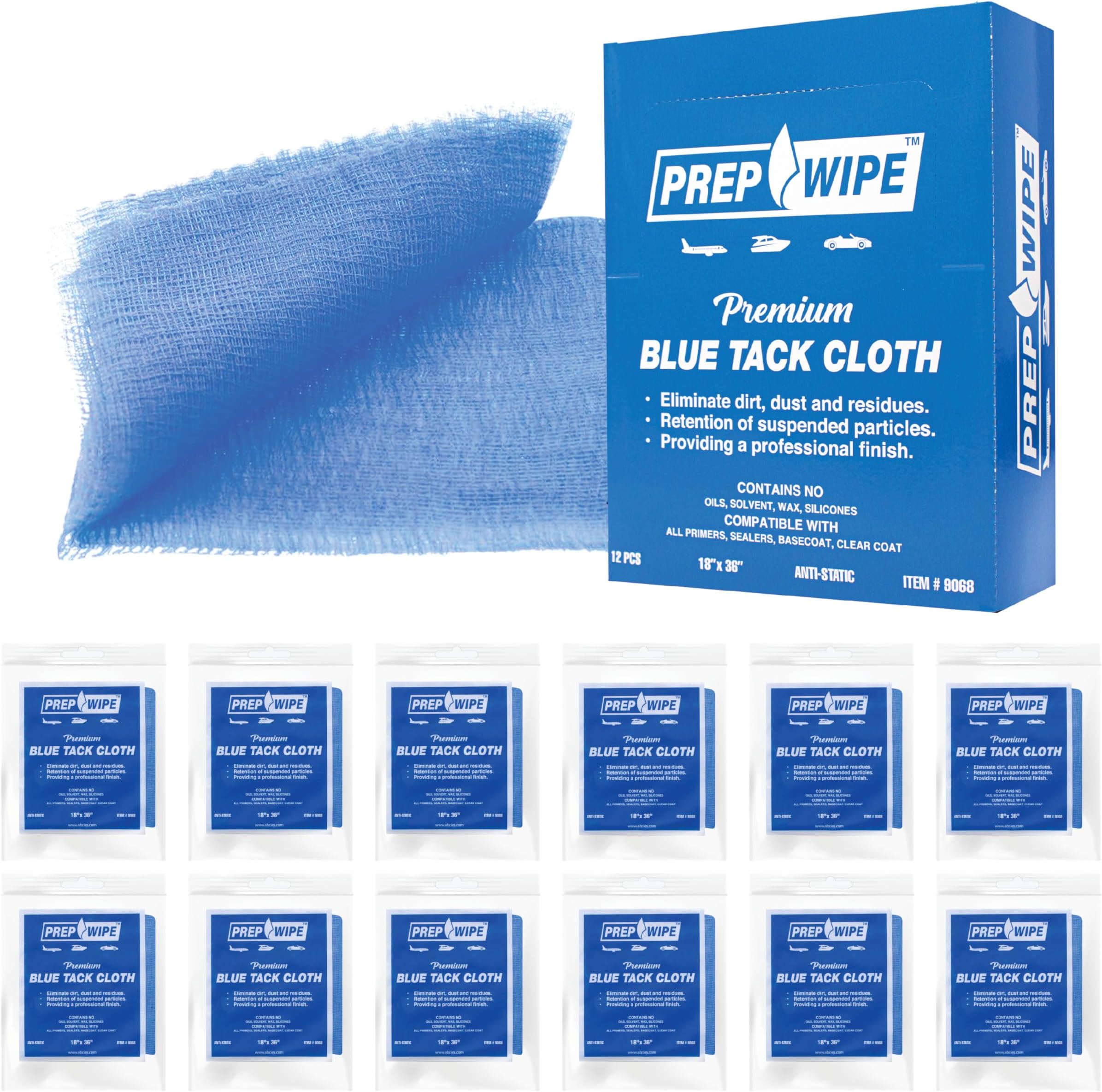 Pack 12 Prep-Wipes Tack Cloths – Professional Woodworking and Painting - Lint Free, Removes Dust, Sanding Particles, Clean Surfaces – Wax Free Silicone Free, Anti-Static (1)