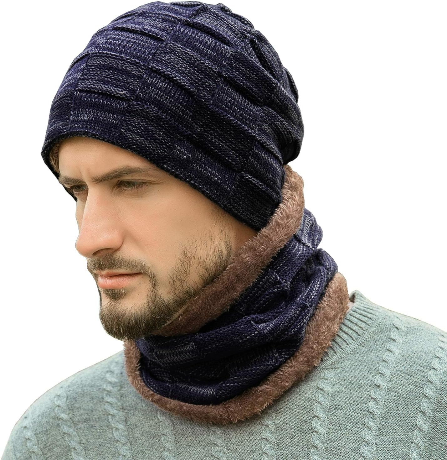 - Mens Winter Beanie Hats Scarf Set Warm Knit Skull Cap Neck Warmer with Fleece Lined Winter Hat for Women