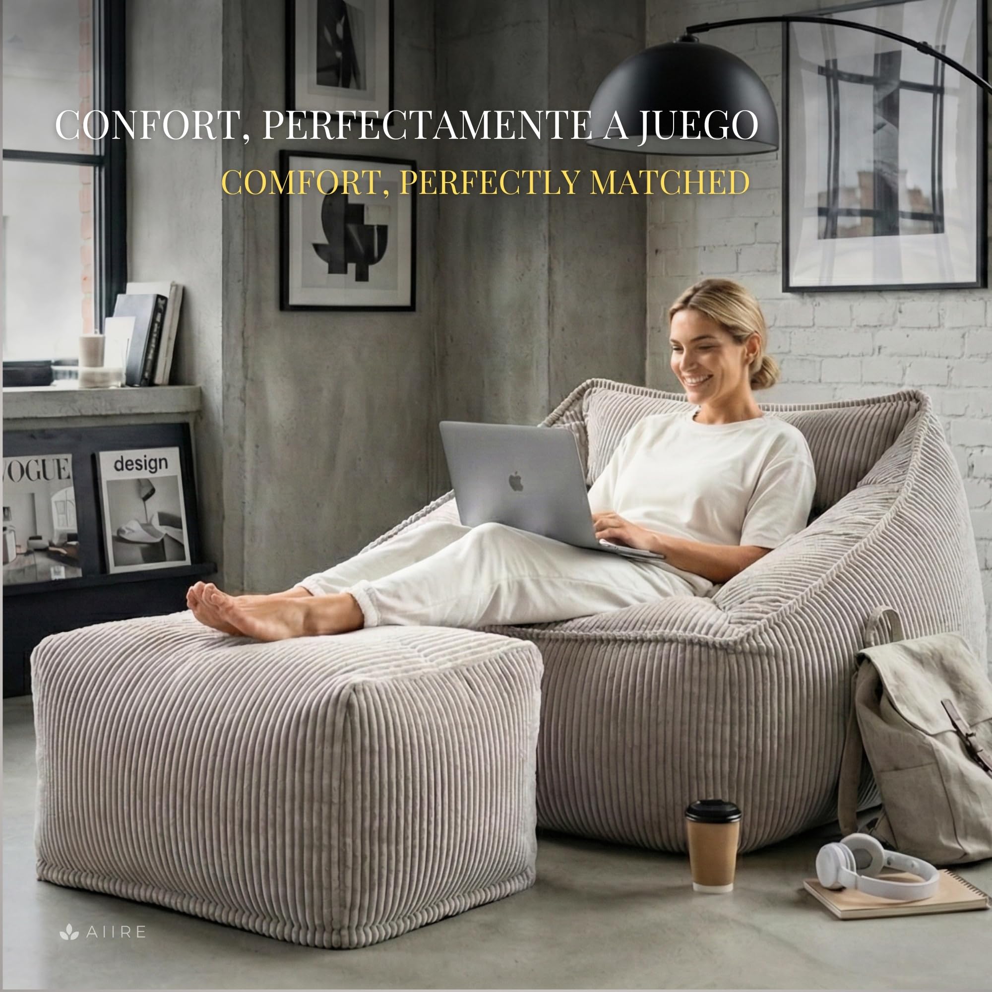 Aiire Sillón Puff con Relleno Incluido - Puf Salon, Dormitorio y Habitación Juvenil Moderno - Funda en Pana Premium Desenfundable y Lavable - Puff Reposapiés Rectangular [50x40x30]