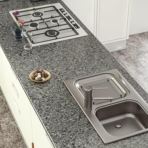 Vista 2 de Papel de contacto de terrazo gris oscuro de 78.8 x 16 pulgadas, papel tapiz de terrazo para encimera de granito de baño, papel de contacto