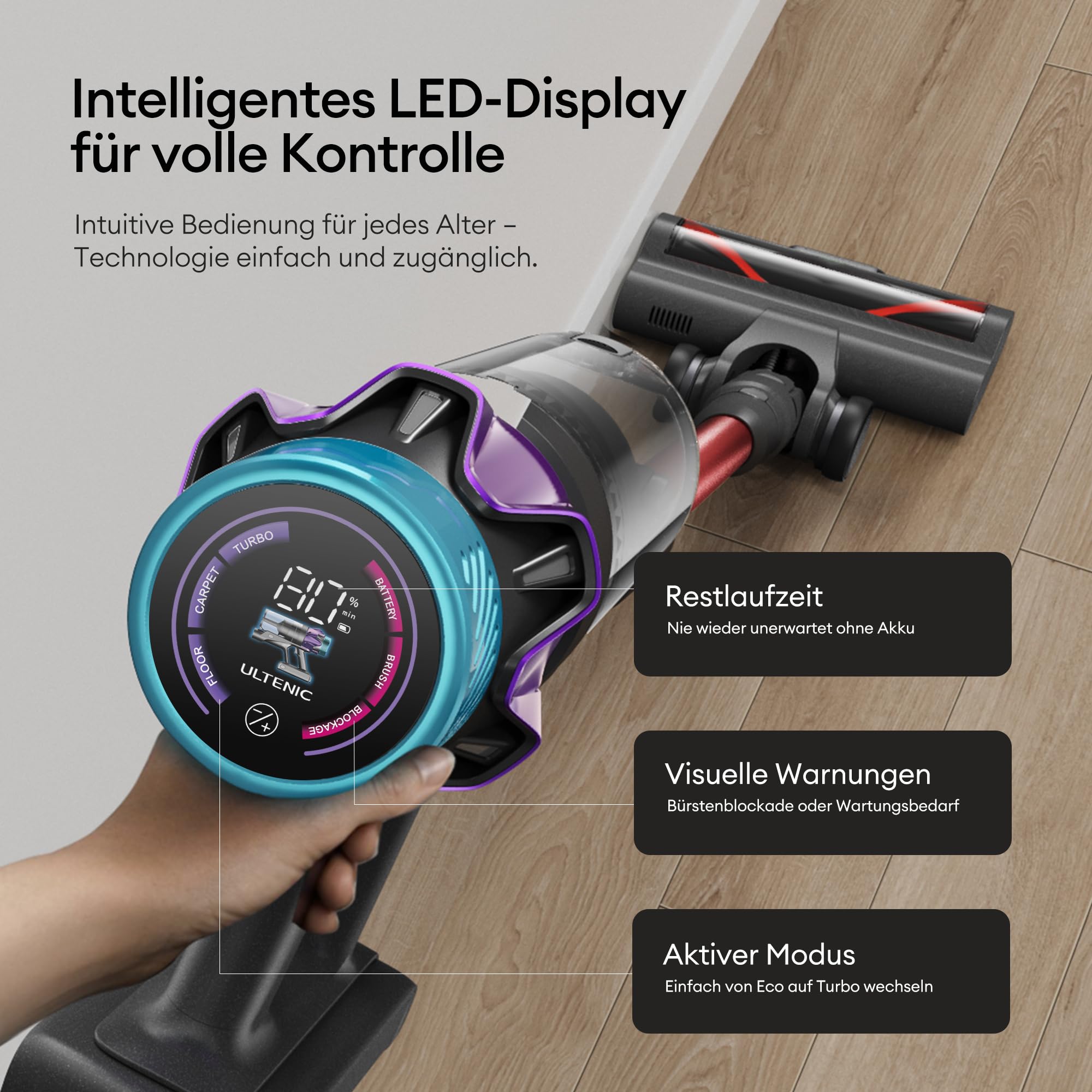 Ultenic Akku Staubsauger 55000Pa/600W/80Min, 1,6L Staubsauger Kabellos mit Multi-Zyklon-Filtration, Touchscreen, Anti-Tangle-Bürste, Wandladestation, Selbststehend，für Tierhaare/Teppiche/Hartböden,Rot