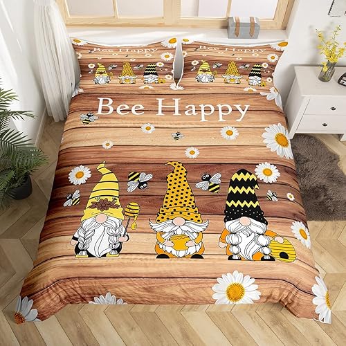 Manfei Juego de funda de edredón de abeja voladora, tamaño Queen, bonita funda de edredón de gnomo con 2 fundas de almohada, juego de ropa de cama