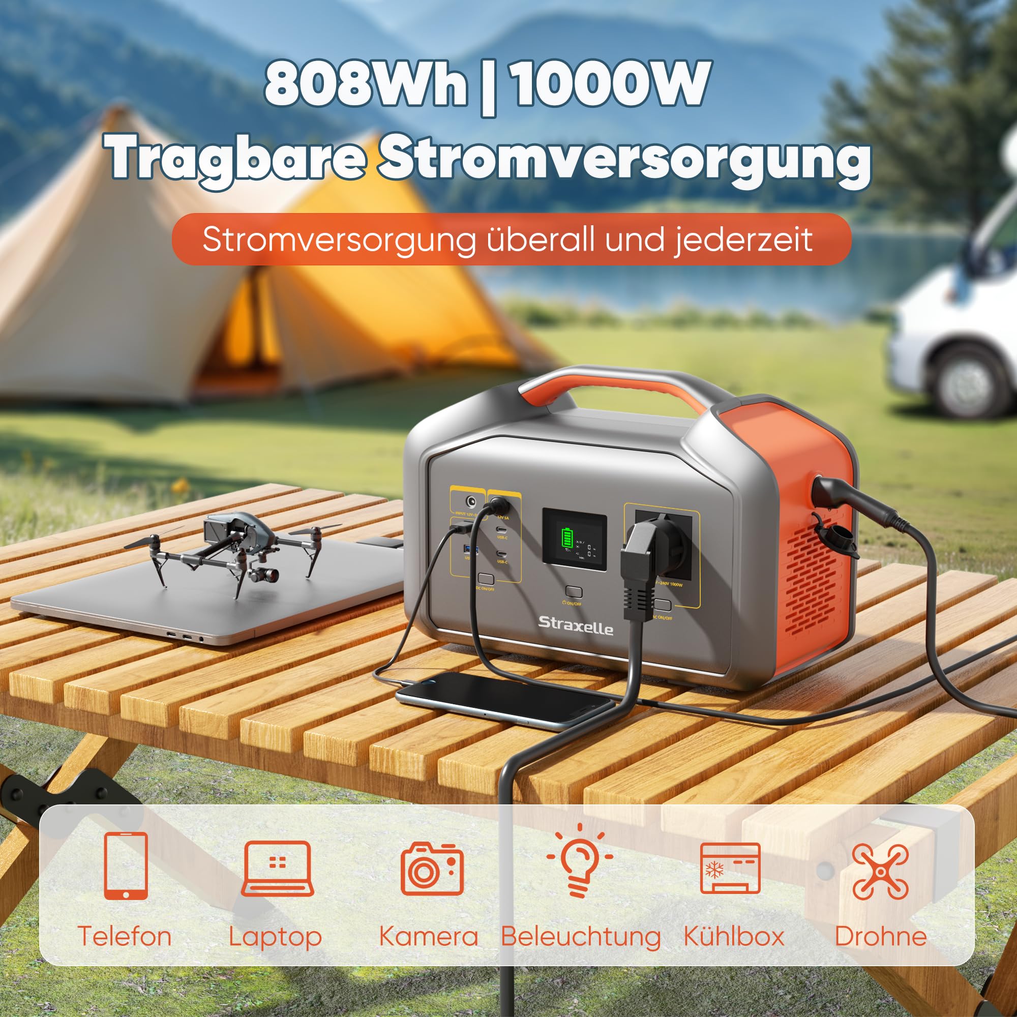 Portable Generators 1000W(Peak 2000W) Tragbare Power station 808.08Wh MPPT Solar Generator Batterie, 150W Schnellladeleistung LCD-Anzeige Für Camping,Draußen,Reisen,Notfälle,Unterwegs