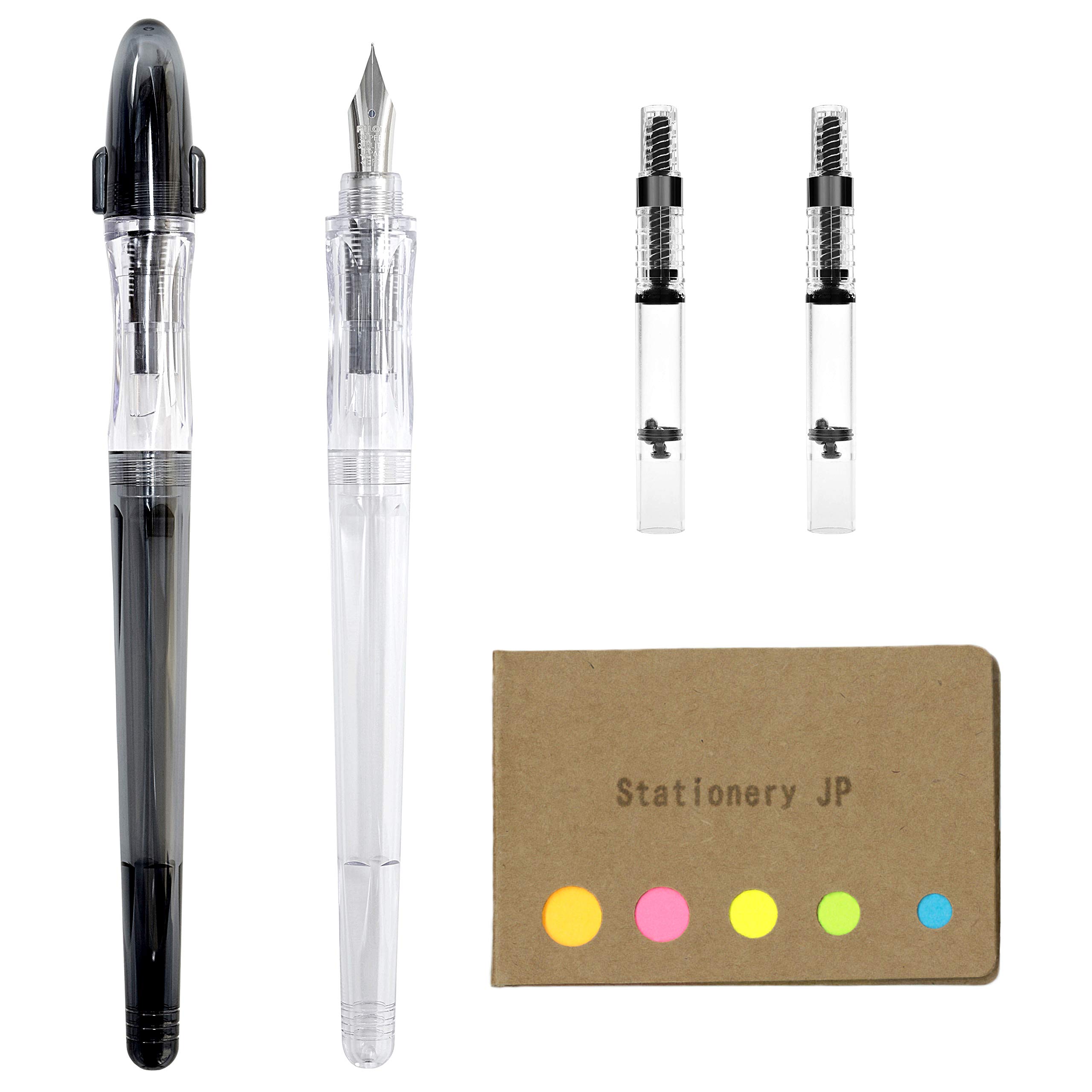 Pilot Fountain Pen with Ergo Grip, Extra Fine Nib, Black Body&Clear Body Non Color Barrel (Each 1 Pen, Total 2 Pens) & Pilot Fountain Pen Converter (CON-40) 2-piece Value Set with Ecology Sticky Notes