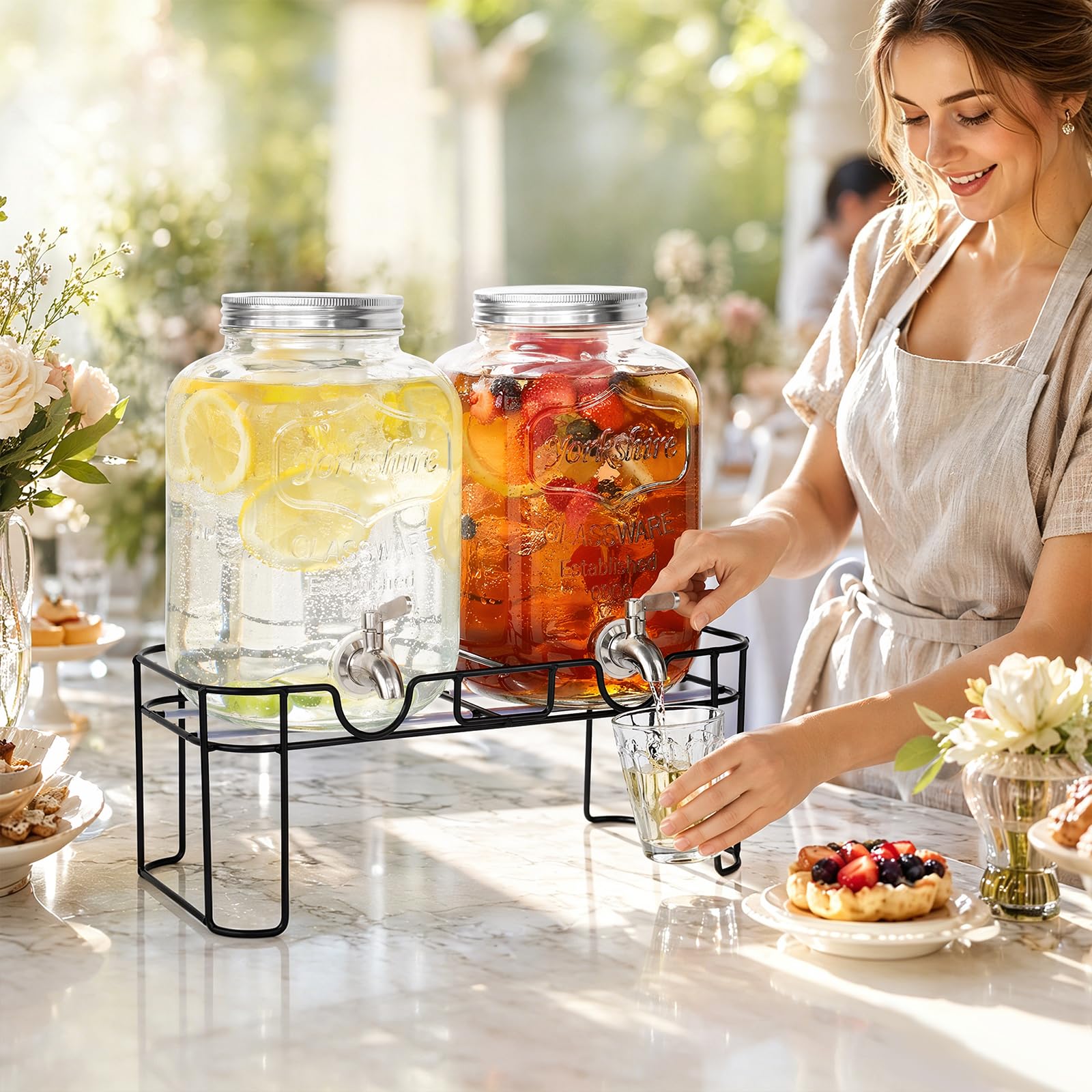 2 x 6L Glas-Getränkespender mit Ständer, Getränkespender, Glas-Wasser-Saft-Spender mit Zapfhahn aus massivem Edelstahl für geeiste Säfte, Wasser, hausgemachte Getränke, Partys, Hochzeiten