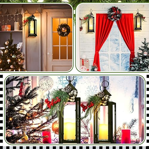 Miniatura 5 de Baquler 2 faroles de metal negros de Navidad y velas LED falsas de 12 y 15 pulgadas, faroles decorativos con adorno de Navidad para porche,