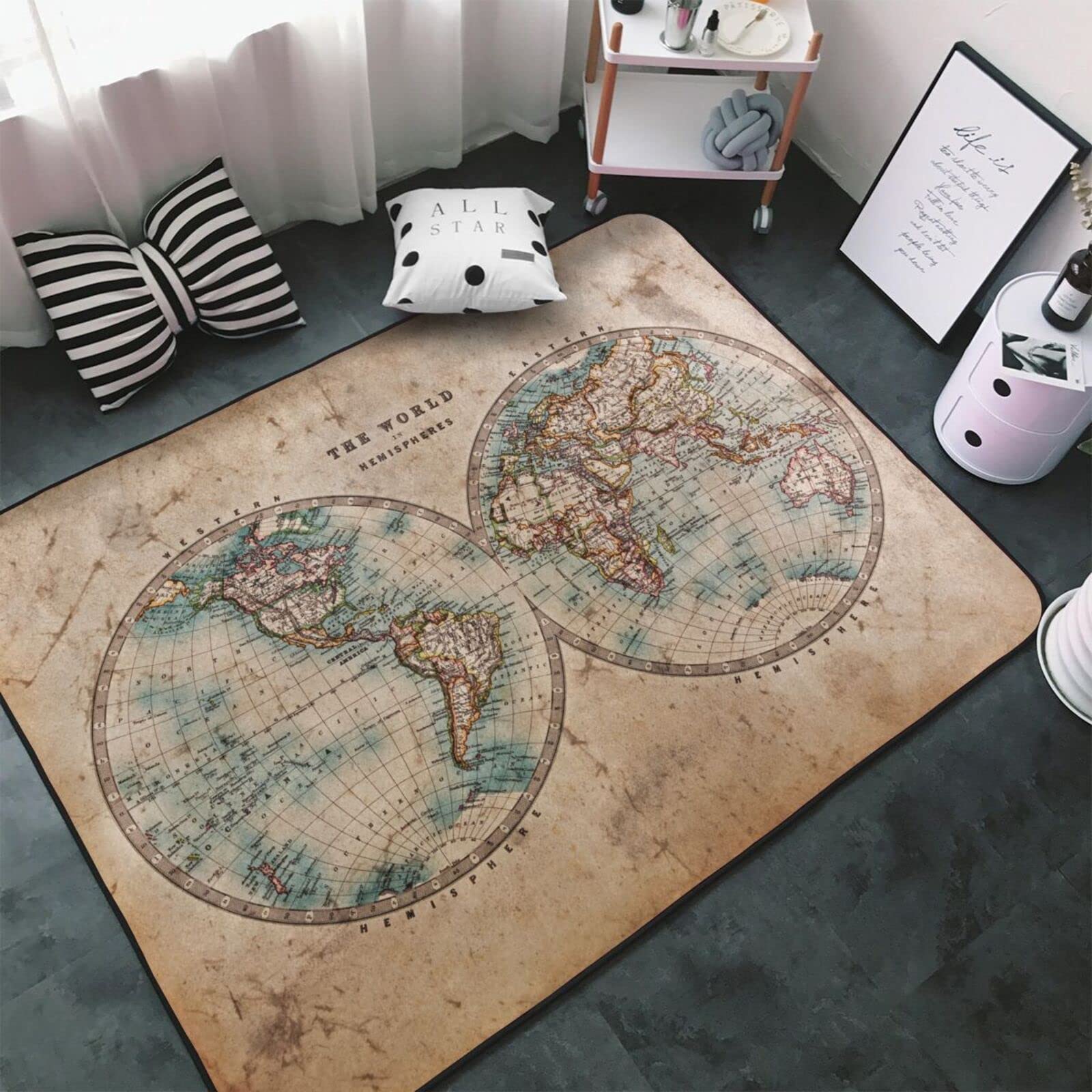 MUKJHOI Vintage Retro Old World Map Area Rug 60x39 Inch Sponge Velvet Surface Non Slip Indoor Floor for Home Decor Bedroom Living Dining Room
