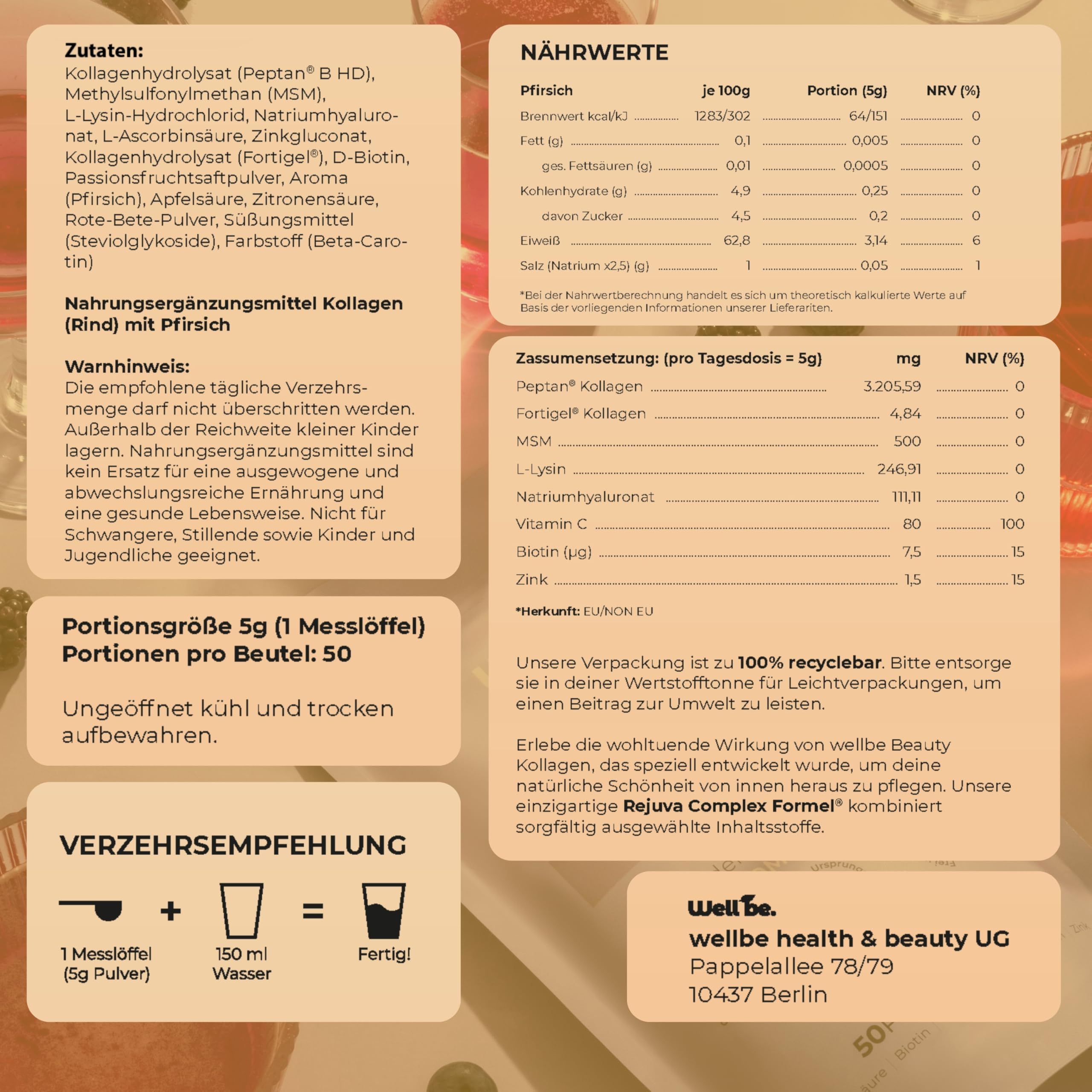 Wellbe Kollagen Pulver hochdosiert - mit maximal bioaktivem Kollagen Hydrolysat, Biotin, Zink, Vitamin C & Hyaluron - Collagen Pulver - Kollagenpulver Peptide Made in Germany 1 x 250g