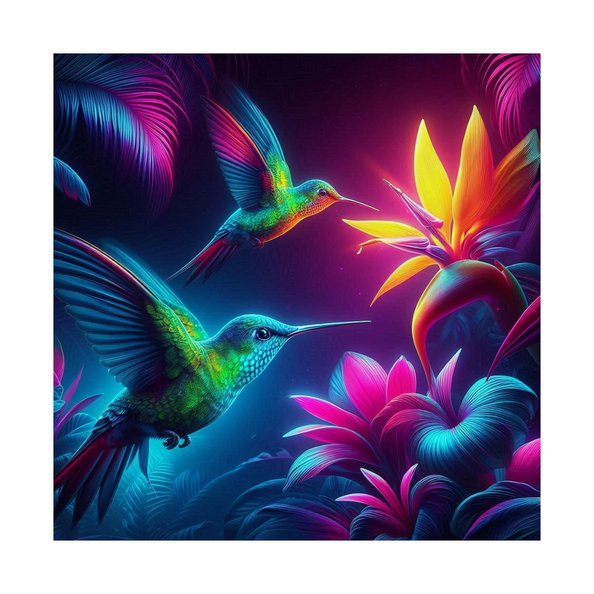Vividly Colorful Hummingbirds Hovering Near Neon Tropical Blooms - 18x18 Matte Poster - Made in USA