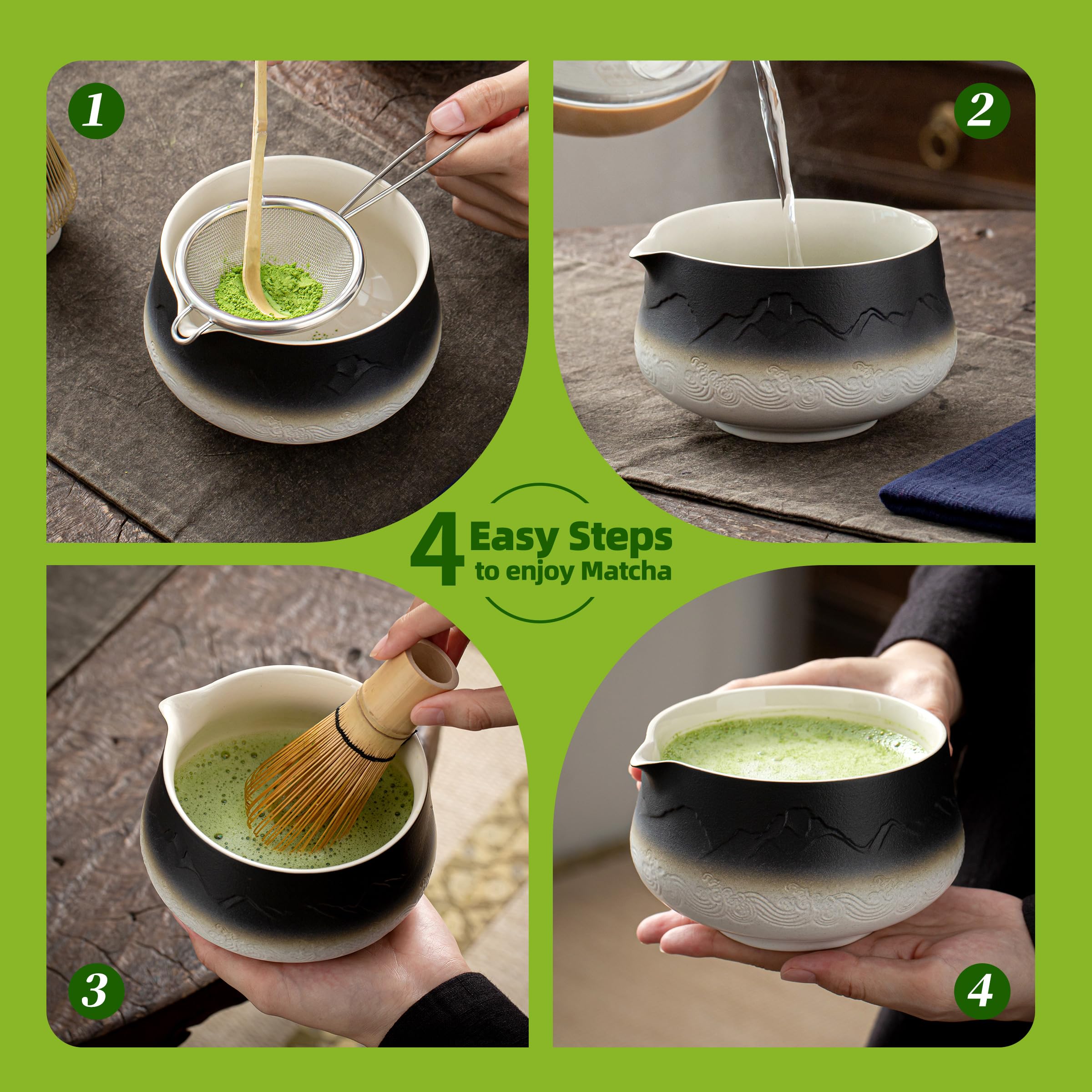 TEANAGOO giapponeseMatcha Whisk Set 7pc Ciotola con beccuccio Bamboo Chasen Scoop Chashaku Gradiente Bianco Nero