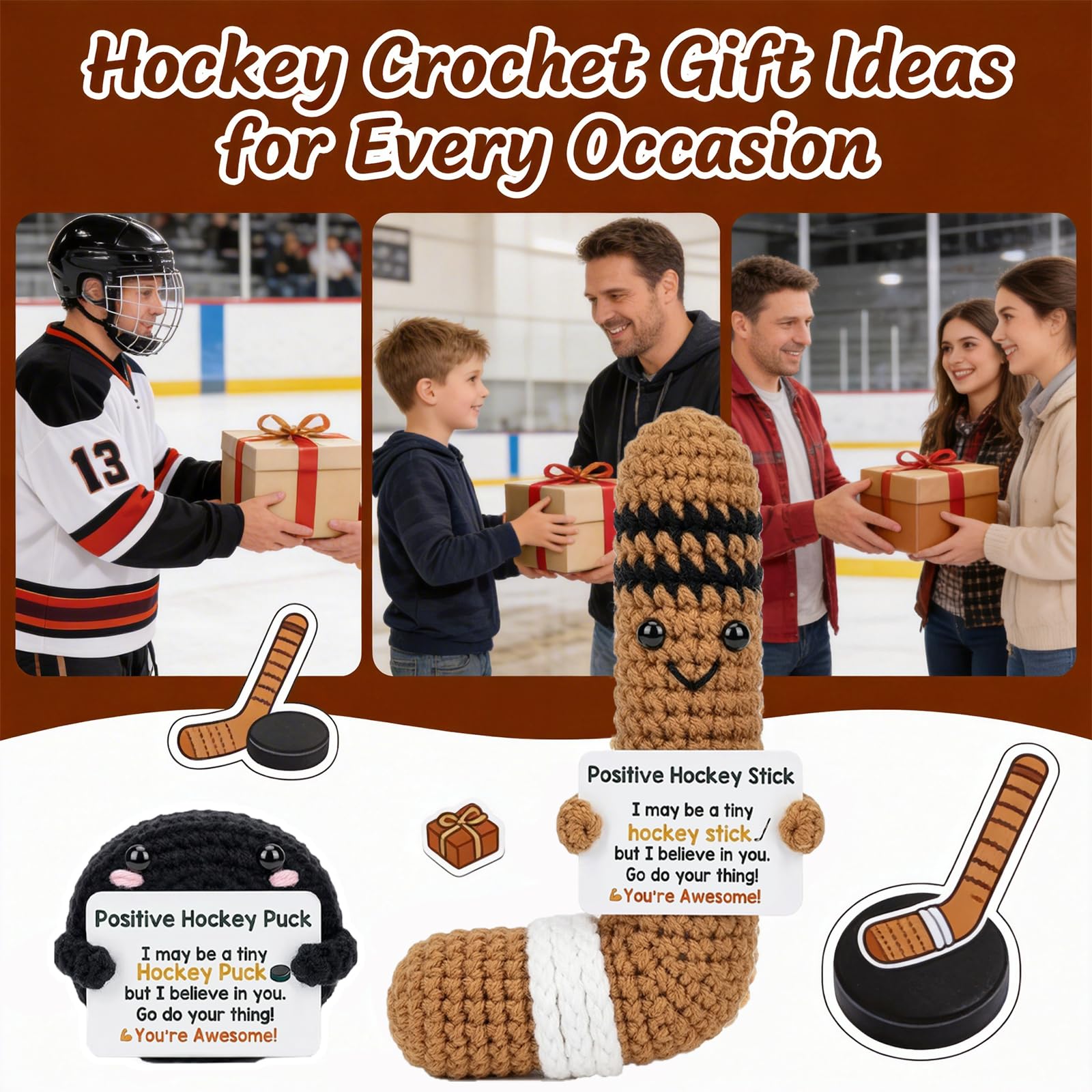 Positive Crochet Hockey Gift Set, Handmade Knitted Hockey Stick Puck with Card, Emotional Support Sports Gift for Teammates Men Women, Cute Cheer Up Birthday Gifts for Hockey Players