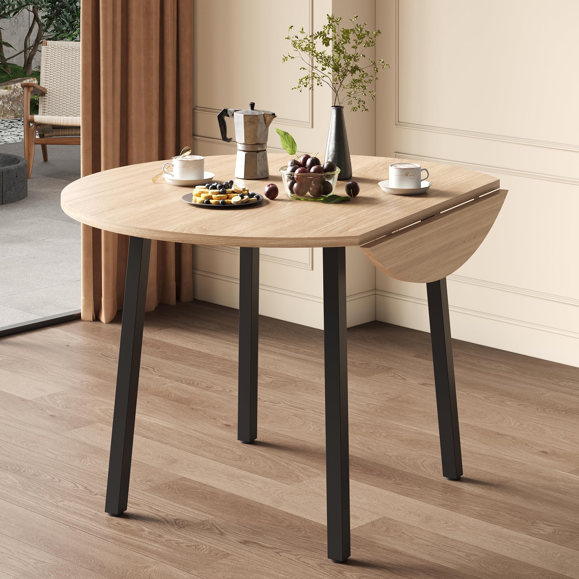 Tavolo da pranzo rotondo pieghevole, 100 cm, colore rovere, gambe in metallo MDF, per 2-4 persone, salvaspazio