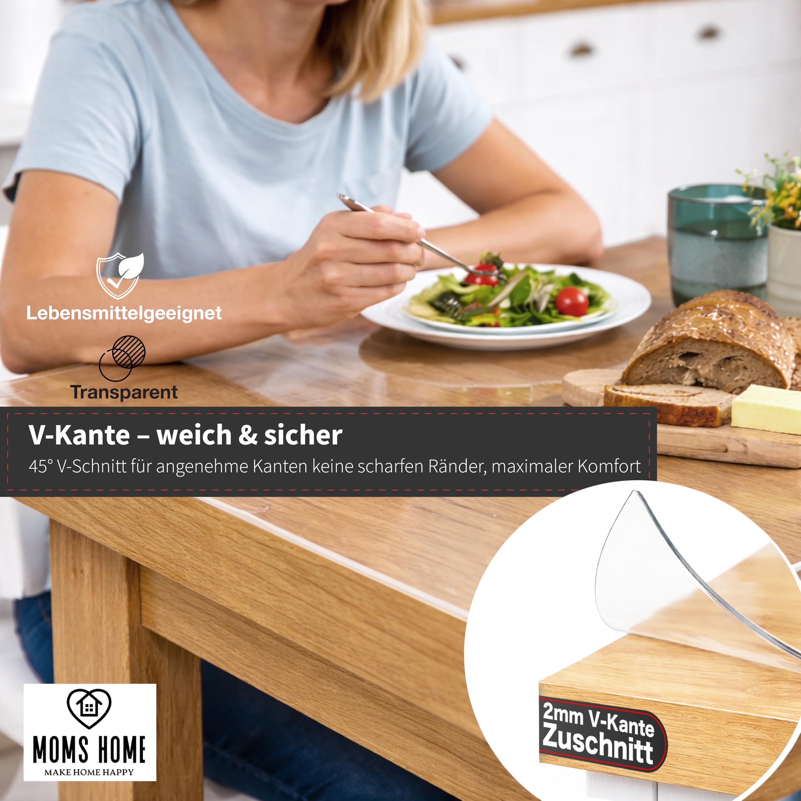 MOM'S HOME PVC Tischdecke Transparent und wasserfest Tischfolie Transparent Nach Maß Durchsichtige Tischdecke abwaschbar 2mm Plastiktischdecke und Tischschutz Width x Length 90x150 cm