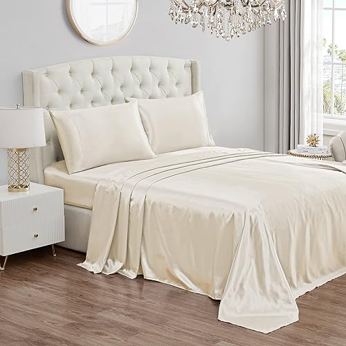 Miniatura 1 de Juicy Couture Juego de sábanas de satén de tamaño Queen, juego de sábanas sedosas de bolsillo profundo con 1 sábana bajera, 1 sábana encimera y 2