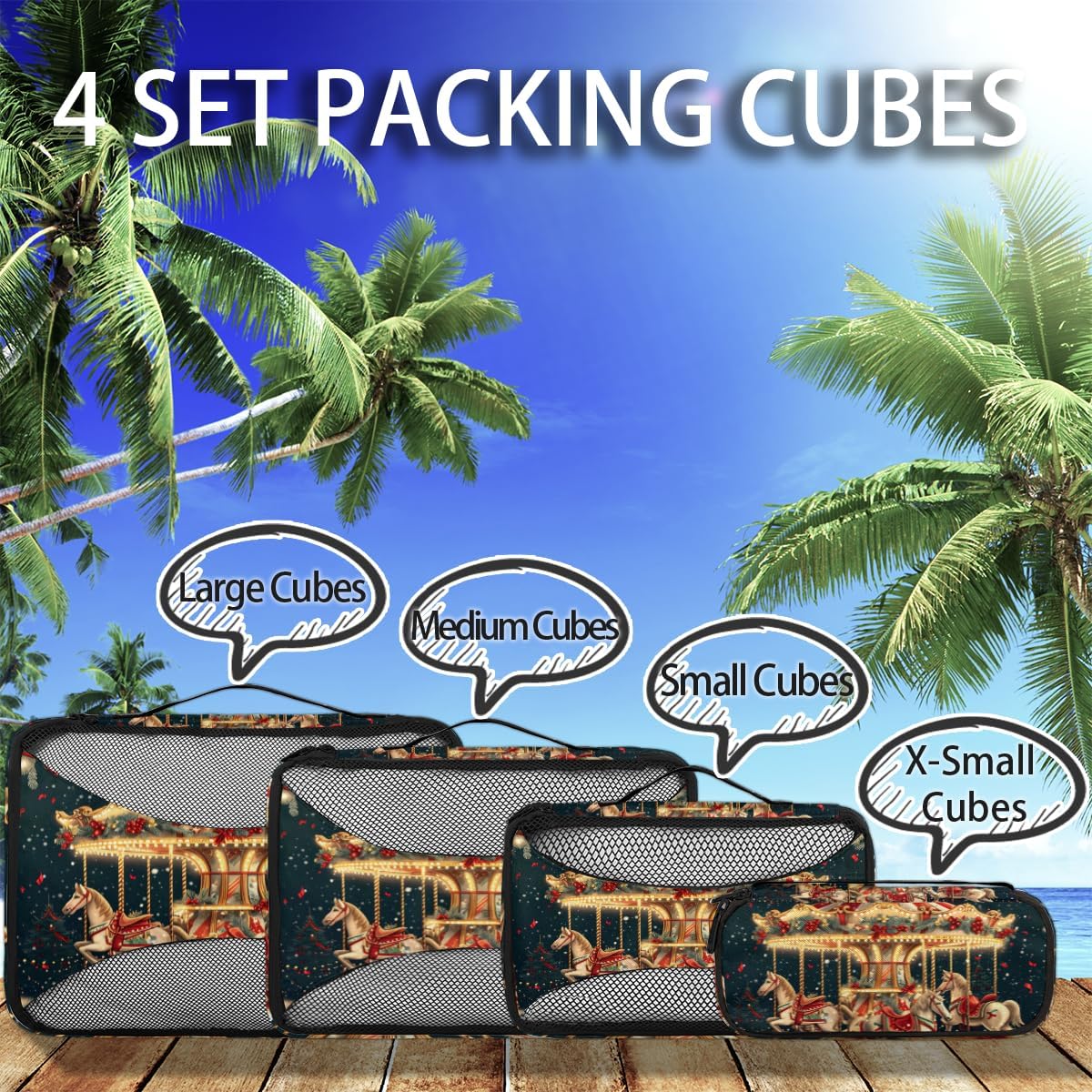 Amusement Park Carousel 4 Set Packing Cubes Packing Cubes for Women Lightweight Travel Essential Bag Clothes Carry on Suitcase Bags for Accessories Essentials