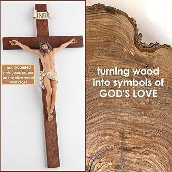 Grace4Joy Olive Wood Wall Crucifix, 14 Inch Hand Painted Resin Jesus on Wooden Cross, Catholic Home Decor, Wall Art for Bedroom, Living Room