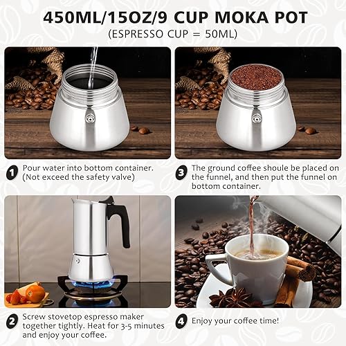 Miniatura 4 de Cafetera de café expreso de acero inoxidable para estufa, 9 tazas de café expreso, 15.2 fl oz15 onzas (taza de expreso 1.7 fl oz)1.7 onzas,