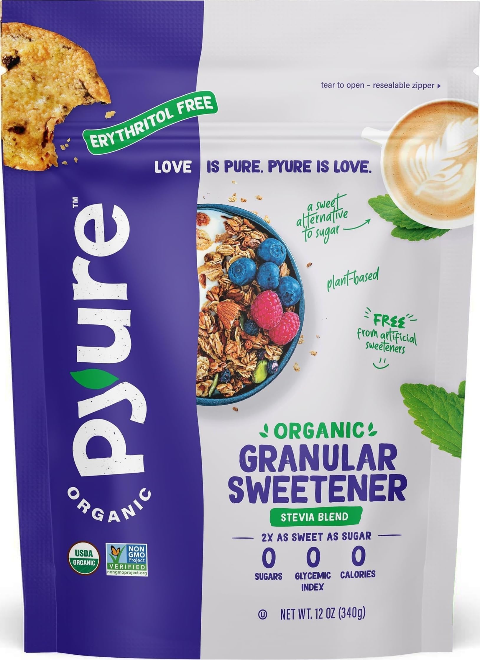 Pyure Organic Stevia Blend | Zero Calorie Sugar Substitute, 12 Oz Pouch | Erythritol free organic stevia blend with allulose for baking, coffee, tea, keto, diabetic, vegan, and low carb diets