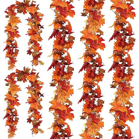 CQURE 5 Pack Fall Leaf Garland Artificial Autumn Maple Leaf Garland