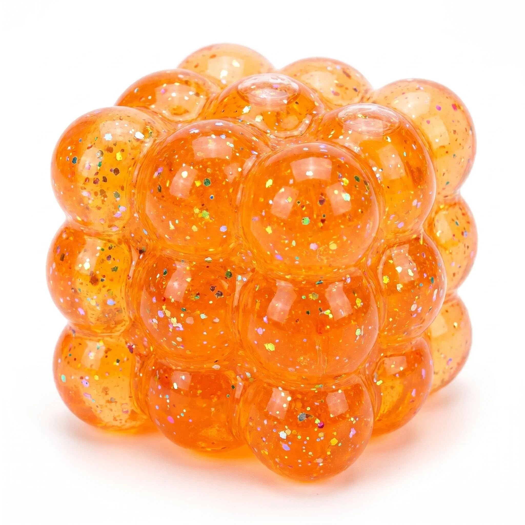 Mtbricey Soft TPR Squeeze Magic Cube with Glitter 5cm/2in Cube Stress Balls Squishy Fidget Toy for Stress Anxiety Relief Focus Sensory Toy for Adults Teen Autism ADHD Non-Toxic Calming Toy (Orange)