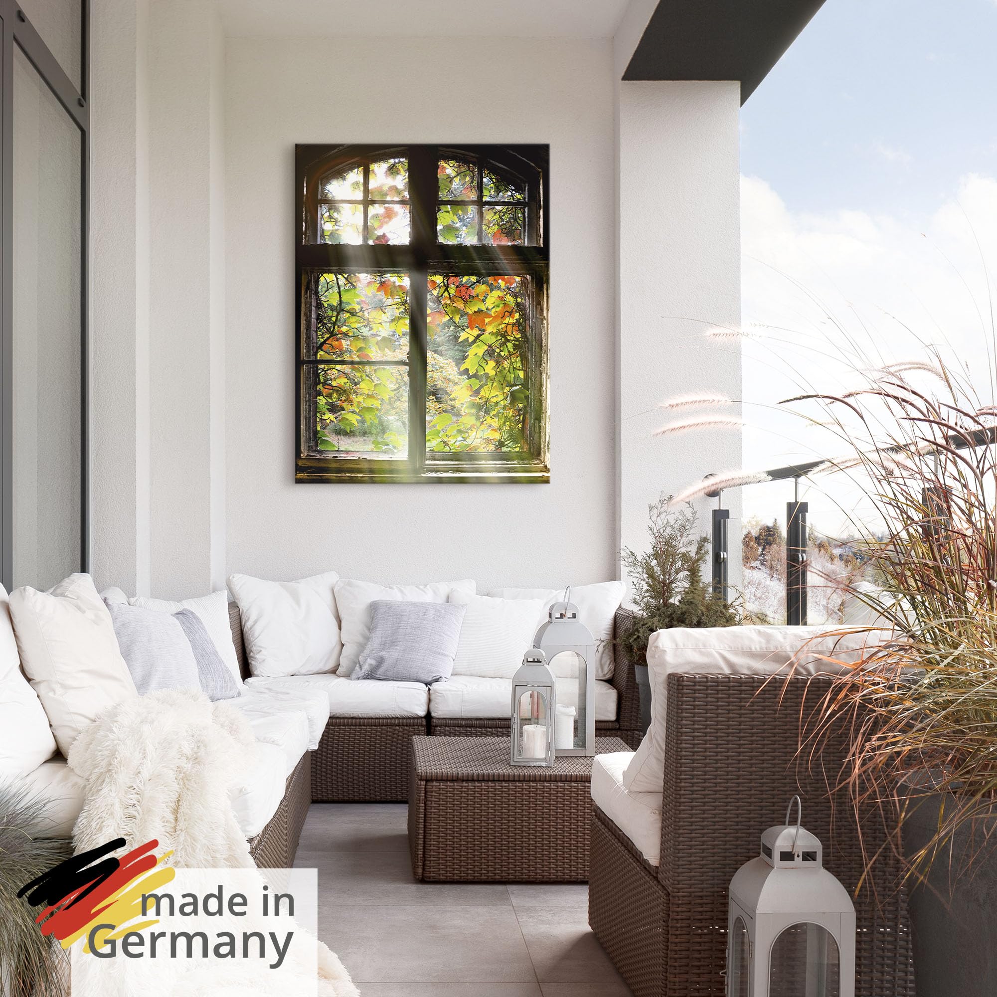 ARTland Wanddeko Wandbild Alu Verbundplatte für Innen & Outdoor Bild 60x80 cm Fensterblick Fenster Herbst Natur Landschaft Altbau Sonne Baum T5XH
