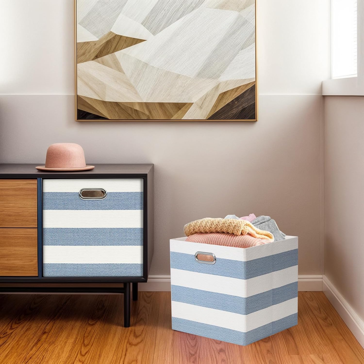 Foldable Cube Storage Bin Organizing Baskets Cubby Boxes Fabric Storage Cubes Organizer Bins with Handles for Organization Shelf Closet, 13"x13"x13", Pack of 4, Blue/White Stripe