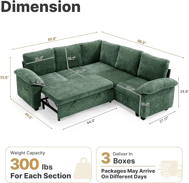 Sectional Sleeper Couch, 5 Seat Modular Sofa Bed with Storage Pull-Out Bed image 2