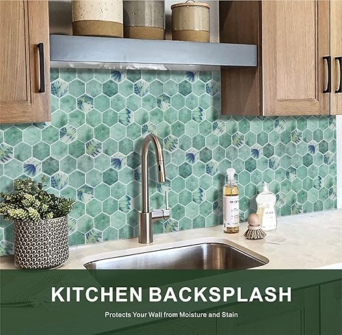 Miniatura 7 de YOFUN Azulejos de cocina de 10 hojas para despegar y pegar, azulejos hexagonales 3D verdes más gruesos para pegar en la pared de la cocina del baño,