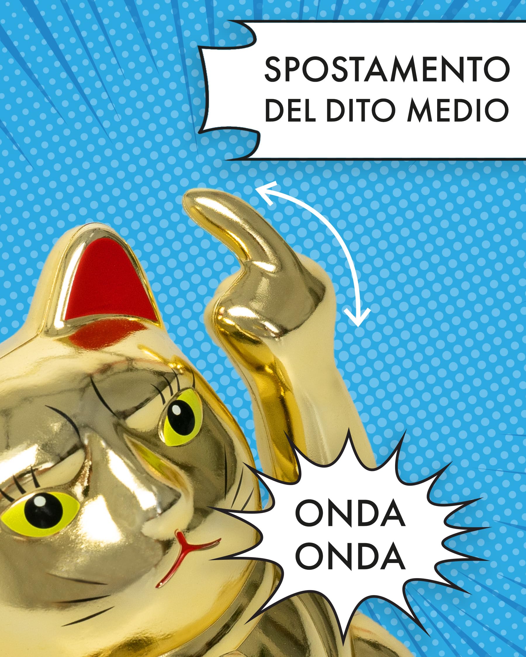 ANGRY CAT - Gatto fortuna Lucky Cat - Divertente gatto giapponese che saluta - Figura statuetta statua idea di regalo con braccio ondeggiante - oro, 15cm