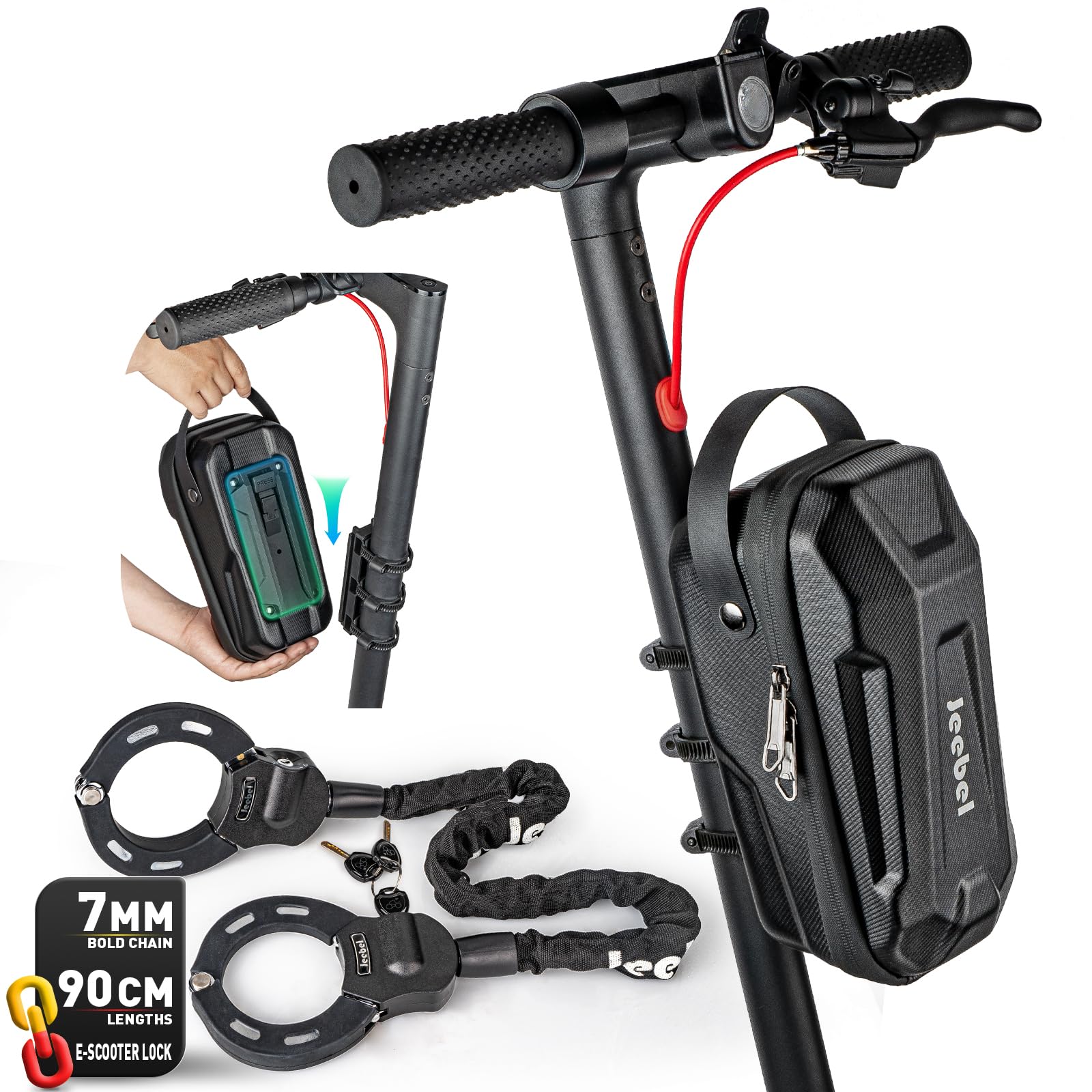 Jeebel Bag for Electric Scooter 3/4/5L & Chain Lock ø7 mm 90 cm – Waterproof Handlebar Bag with Quick Fix Bracket, Bicycle Lock with Keys for MTB Bike (2.8 L + Padlock)