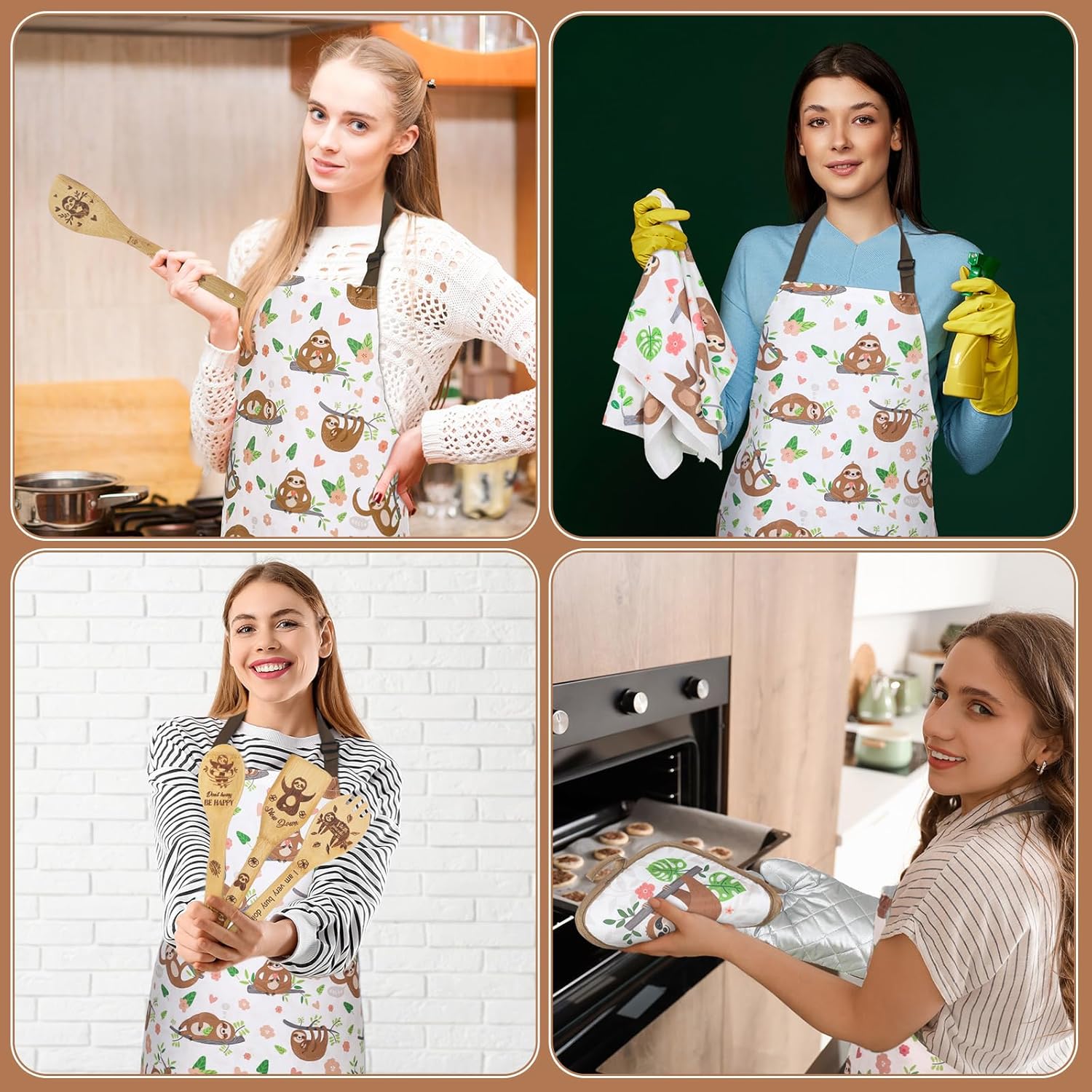 Shihanee 10 Pcs Sloth Kitchen Set for Mothers Day, 5 Wooden Cooking Spoons, Sloth Apron, Cute Towels, Oven Mitt and 2 Pot Holders, Funny Housewarming Gift for Mom, Grandma, Women, Cooking Supplies