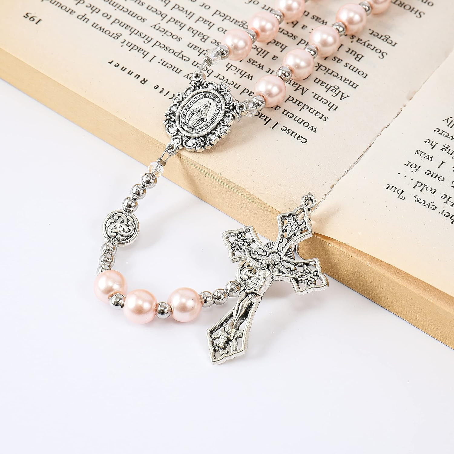 Nazareth Store Pearl Beads Rosary Miraculous Prayer Necklace Strong Metal Mystery Beaded Rosary for Men & Women - Image 5