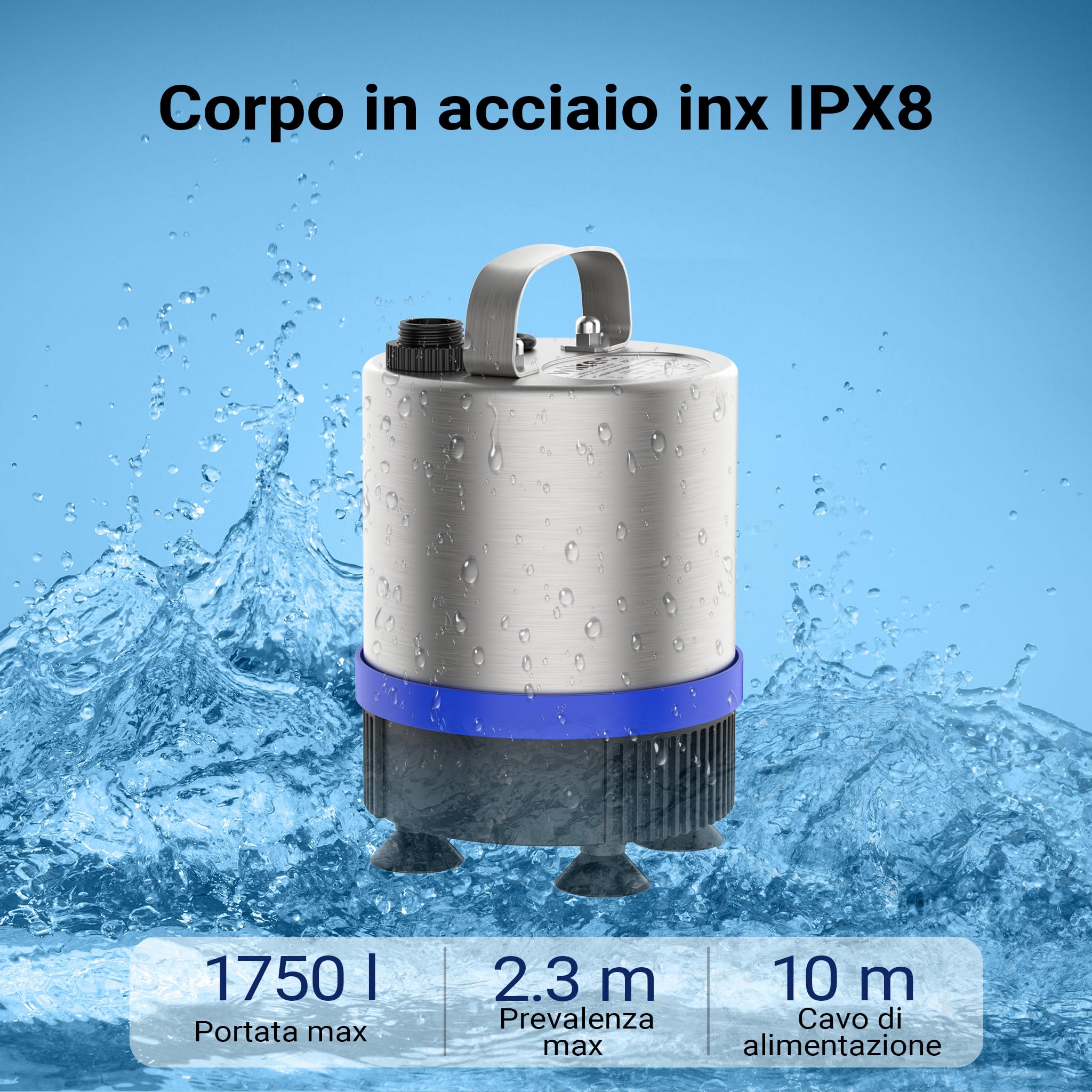 Wiltec Pompa per fontane in acciaio inox da 50 Watt 1.750 l/h Con 3 accessori per giochi d'acqua